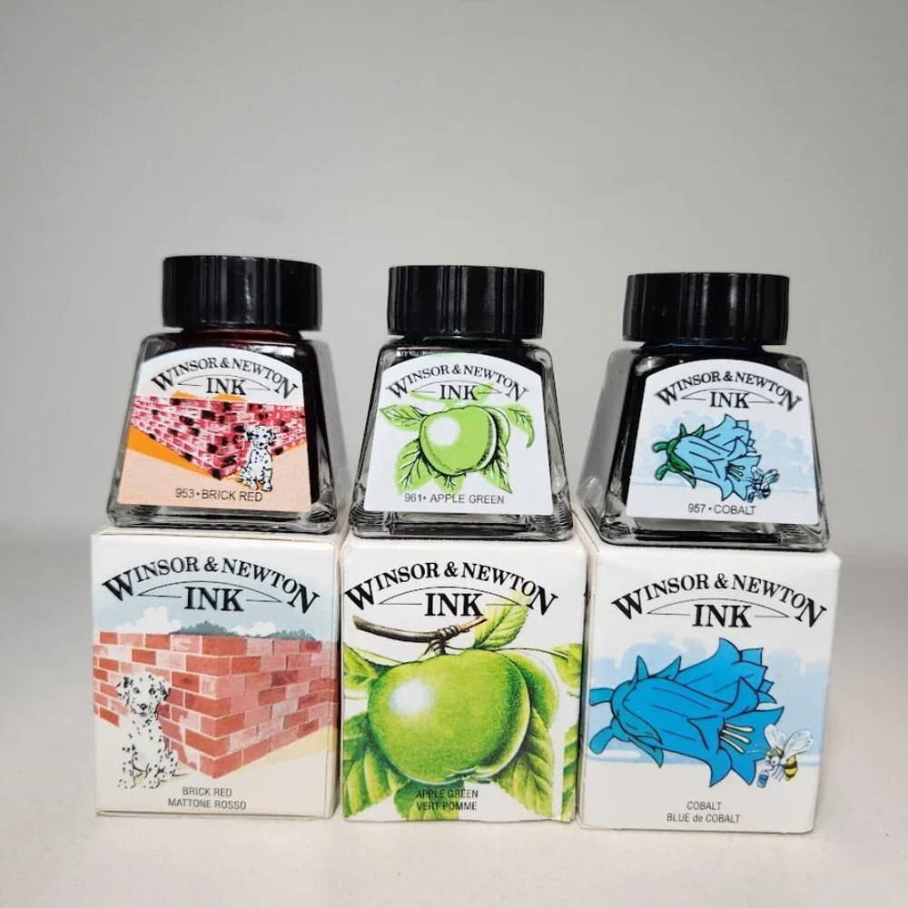 3X Winsor & Newton Drawing Ink 14ml Bottle Blue Red Green Shimmer NEW Art Suppli